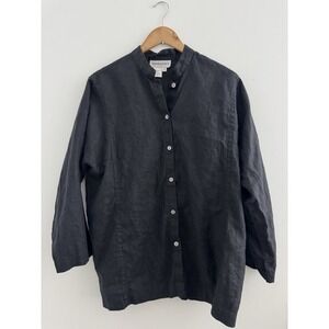 VTG Bloomingdales Sz 12 Black Linen Long Sleeves Button Up Blouse